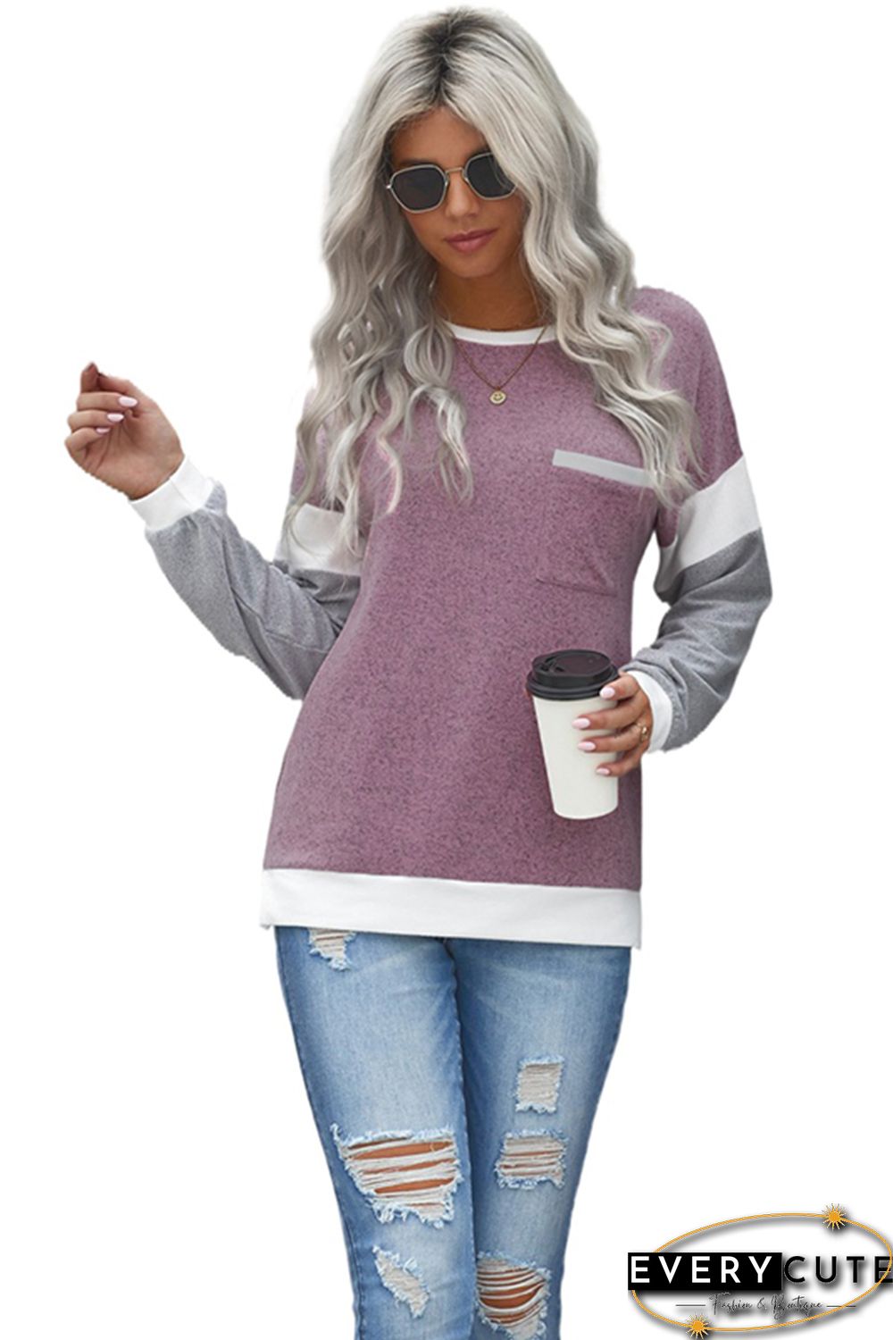 Splicing Sleeve Pink Knit Top