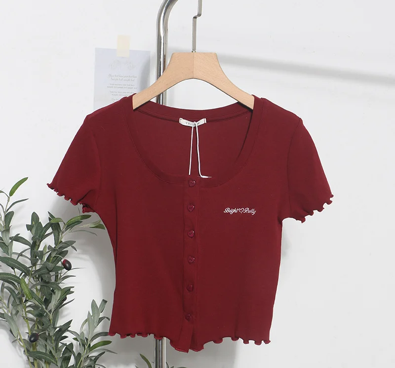 Uveng Relaxing Wood Ear Embroidery Short Small Cardigan Bottom Shirt T-Shirt T-Shirt Umbilly T-Shirt 89325