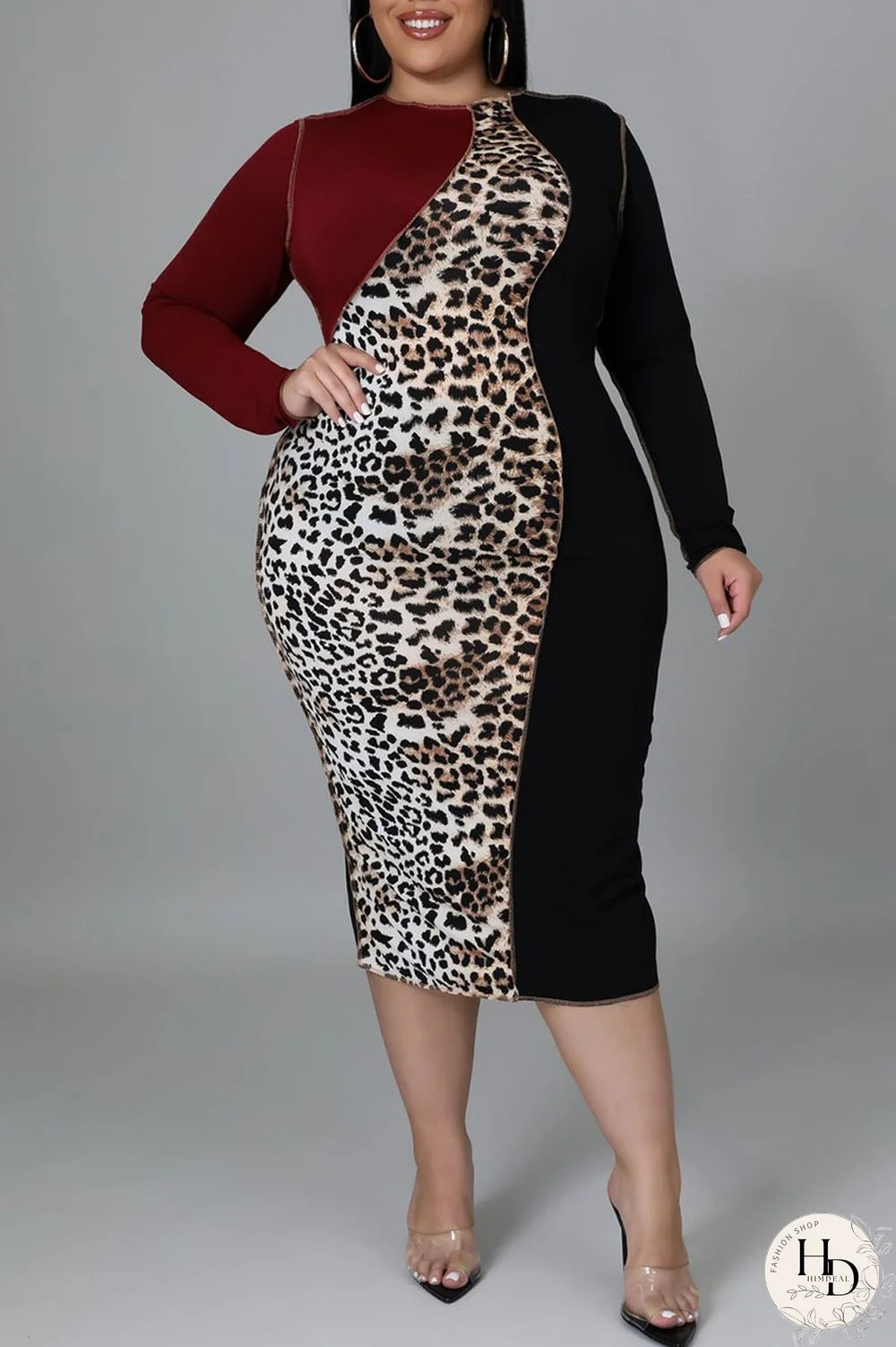 Burgundy Casual Print Leopard Split Joint O Neck One Step Skirt Plus Size Dresses