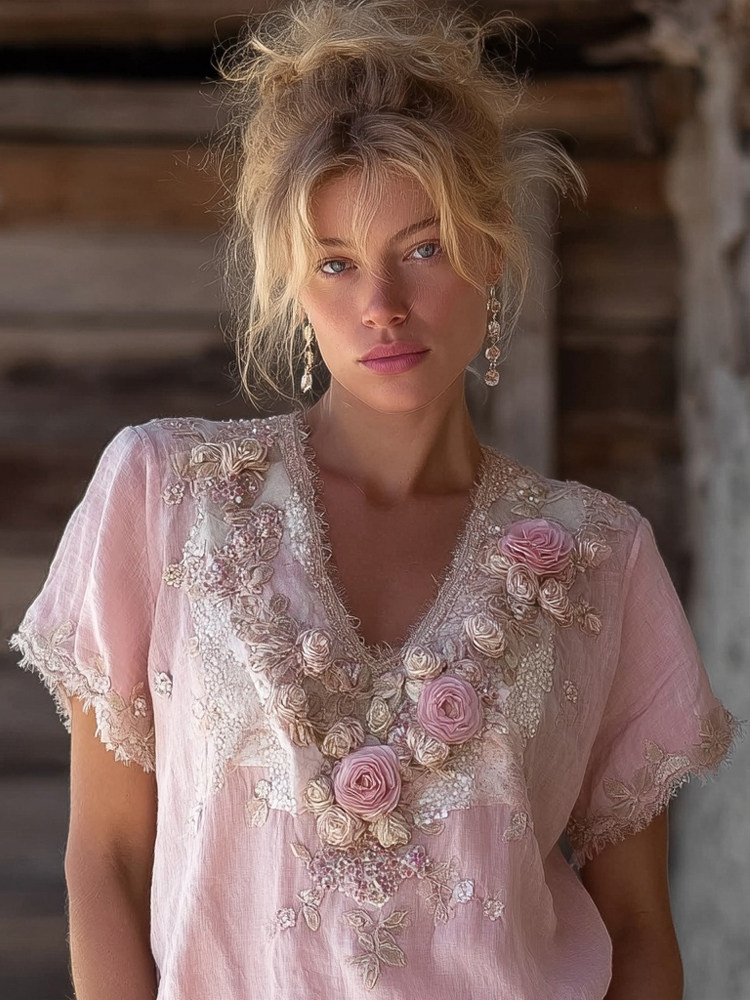 Vintage Boho Pink Roses Embroidered Comfy Linen Tunic Vintage Boho Pink Roses Embroidered Comfy Linen Tunic - Image 1