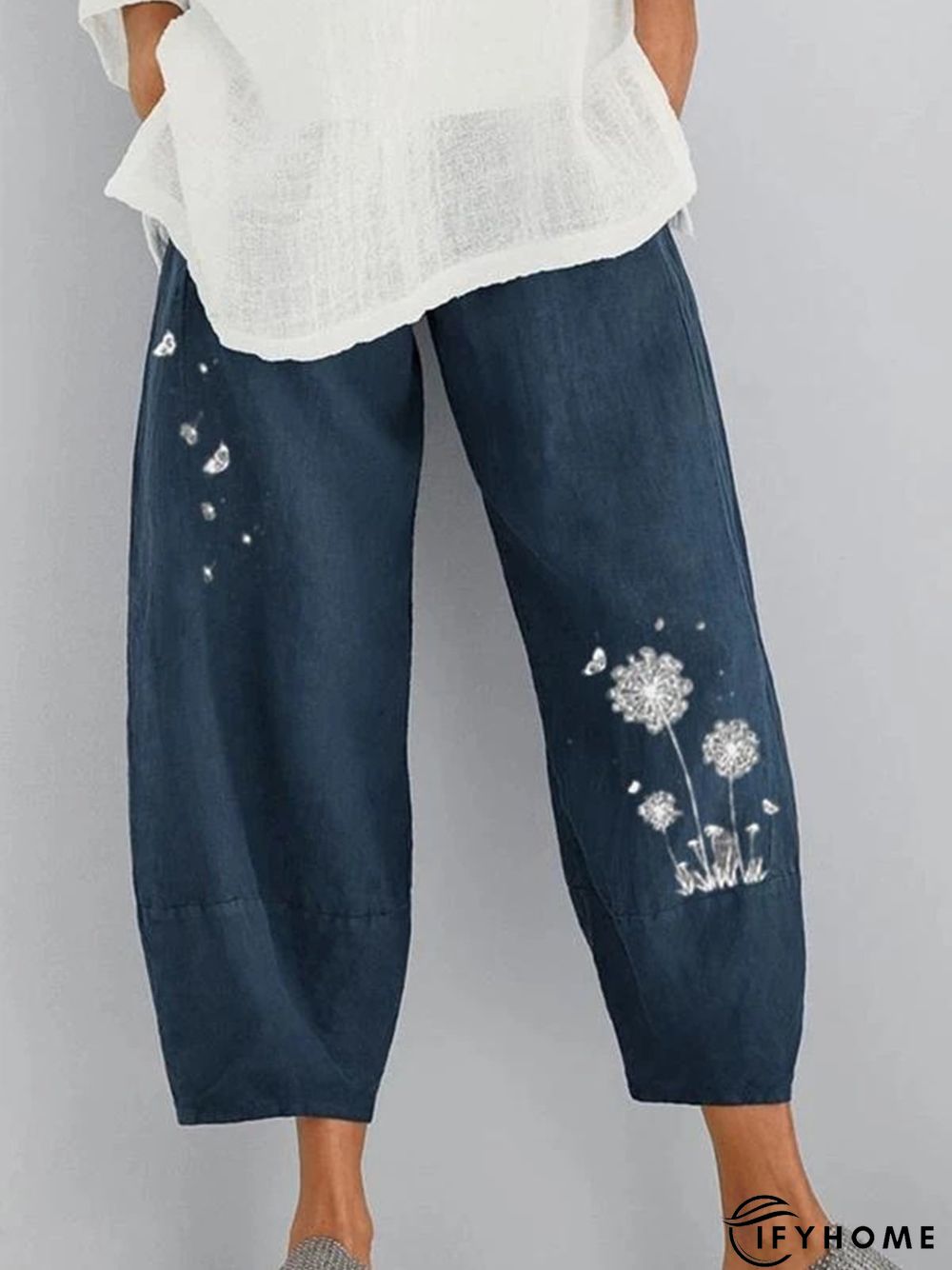Dark Blue Linen Shift Casual  Floral Pants | IFYHOME