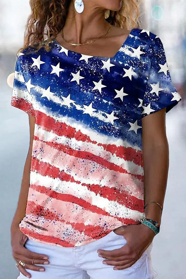 Plus Size Casual Blue Ombre Stars And Stripes Print Asymmetrical Neck Blouse  Flycurvy [product_label]