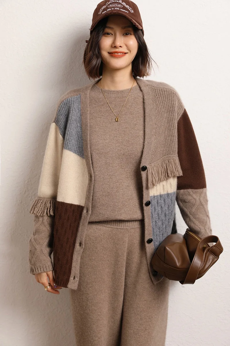 Sonicelife 2023 Autumn and Winter Women's New Fringe Retro Color Stitching Handmade Tassel Cashmere Knitted Cardigan