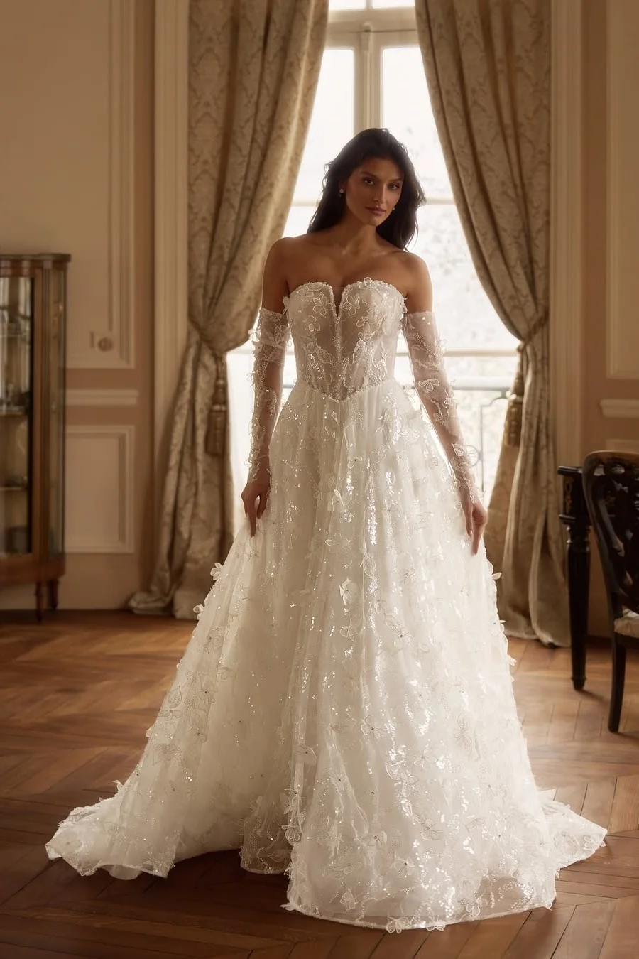 Daisda White Sleeveless Strapless A-Line Embroidery Wedding Dress With Gloves