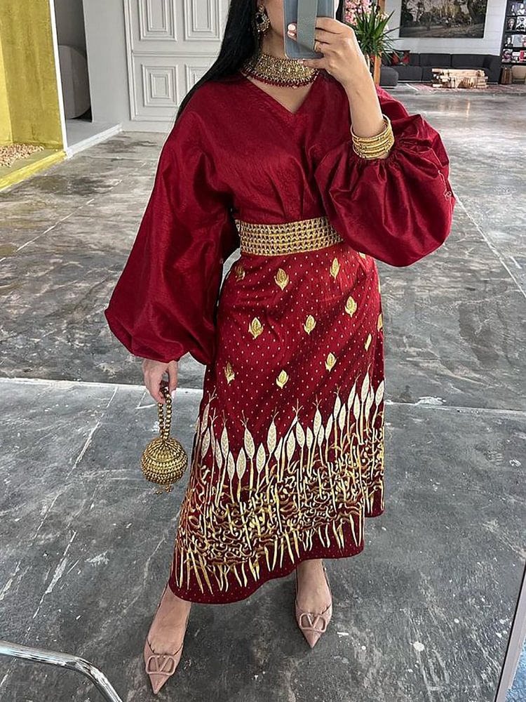 Lantern Sleeve Satin Print High Waist V Neck Dress