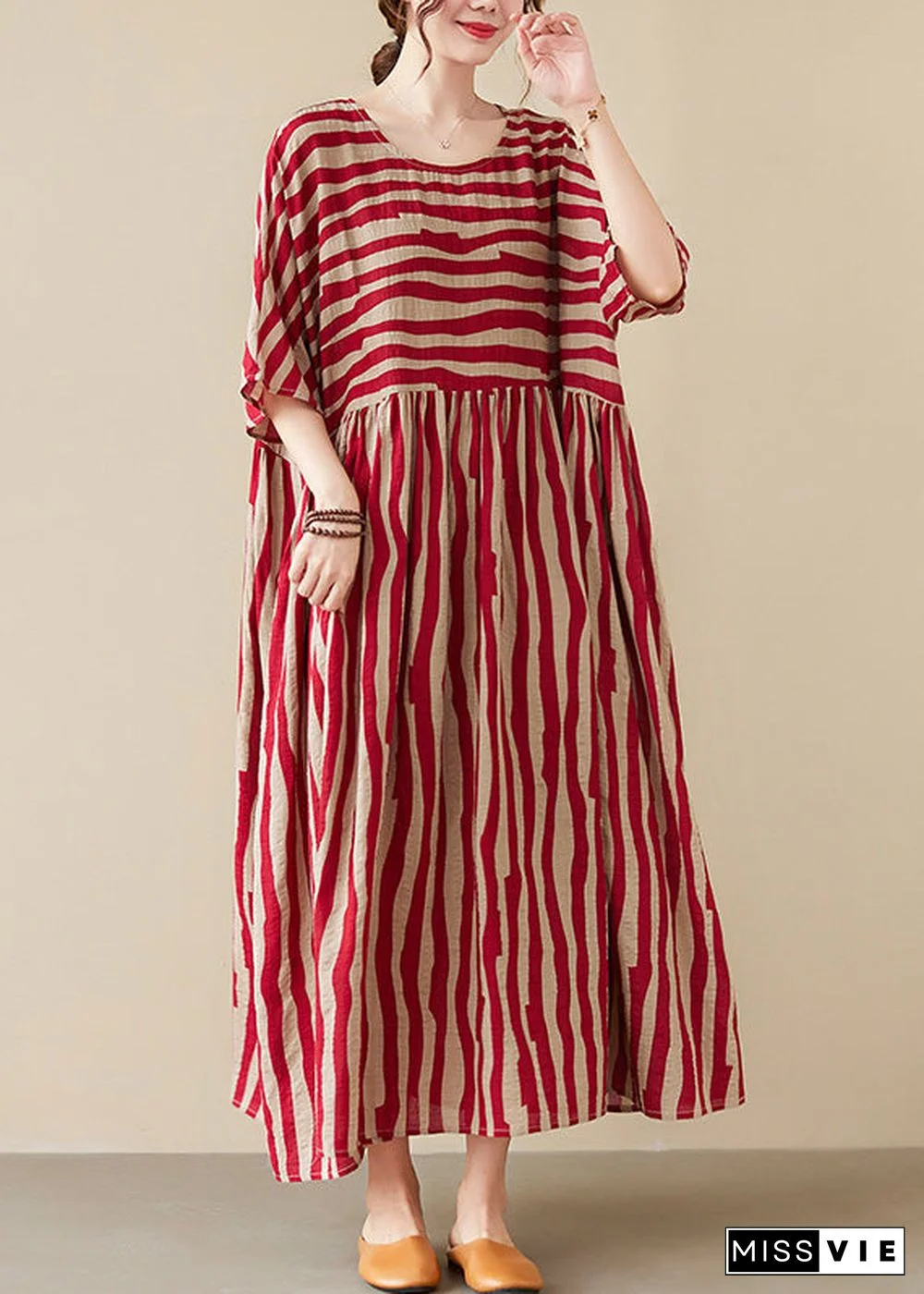 Vogue Red Striped O-Neck Long Dresses Short Sleeve