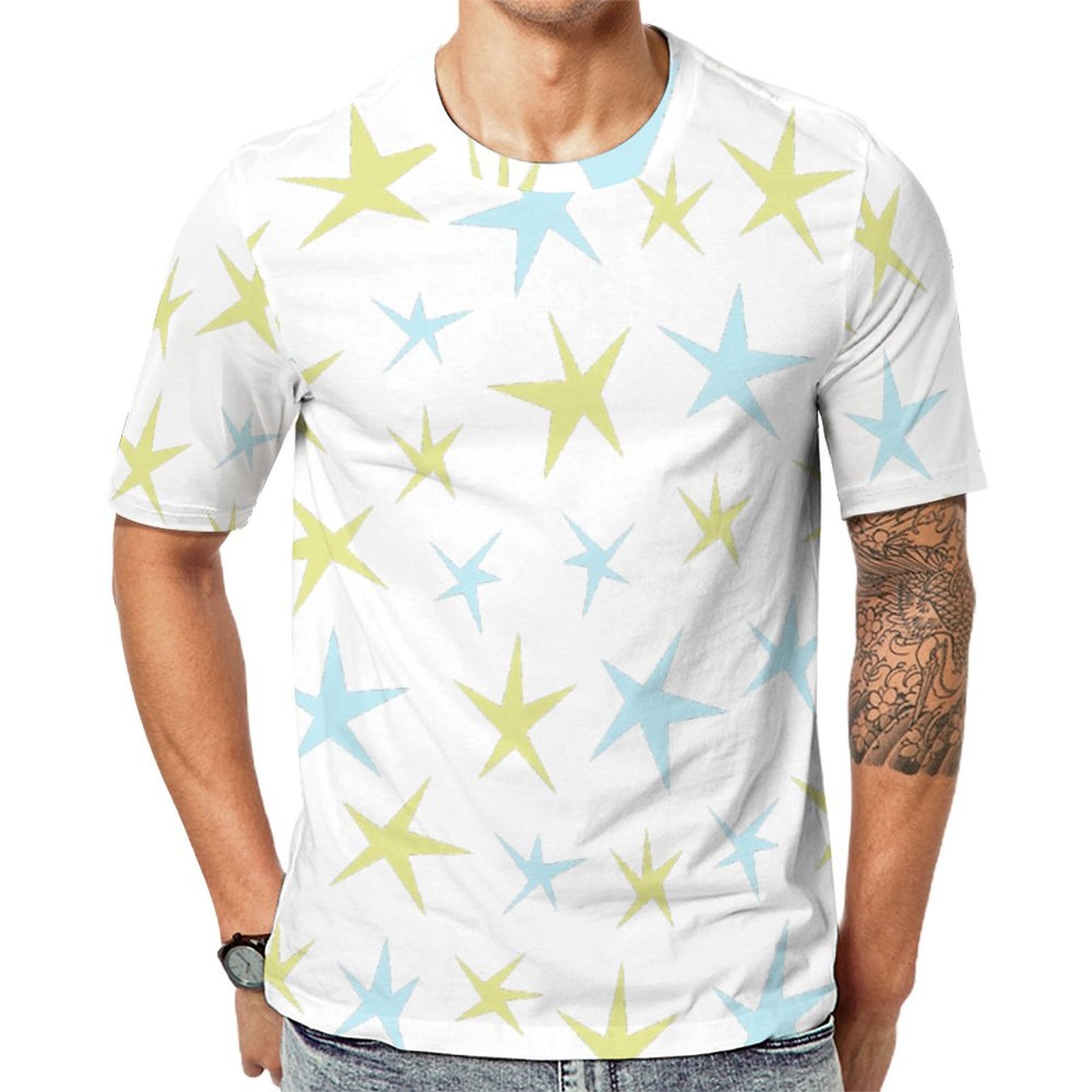 Stars Space Retro 1960S Geometric Blue Short Sleeve Print Unisex Tshirt Summer Casual Tees for Men and Women Coolcoshirts