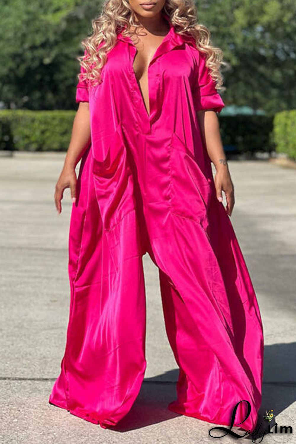 Black Casual Solid Patchwork Turndown Collar Loose Jumpsuits