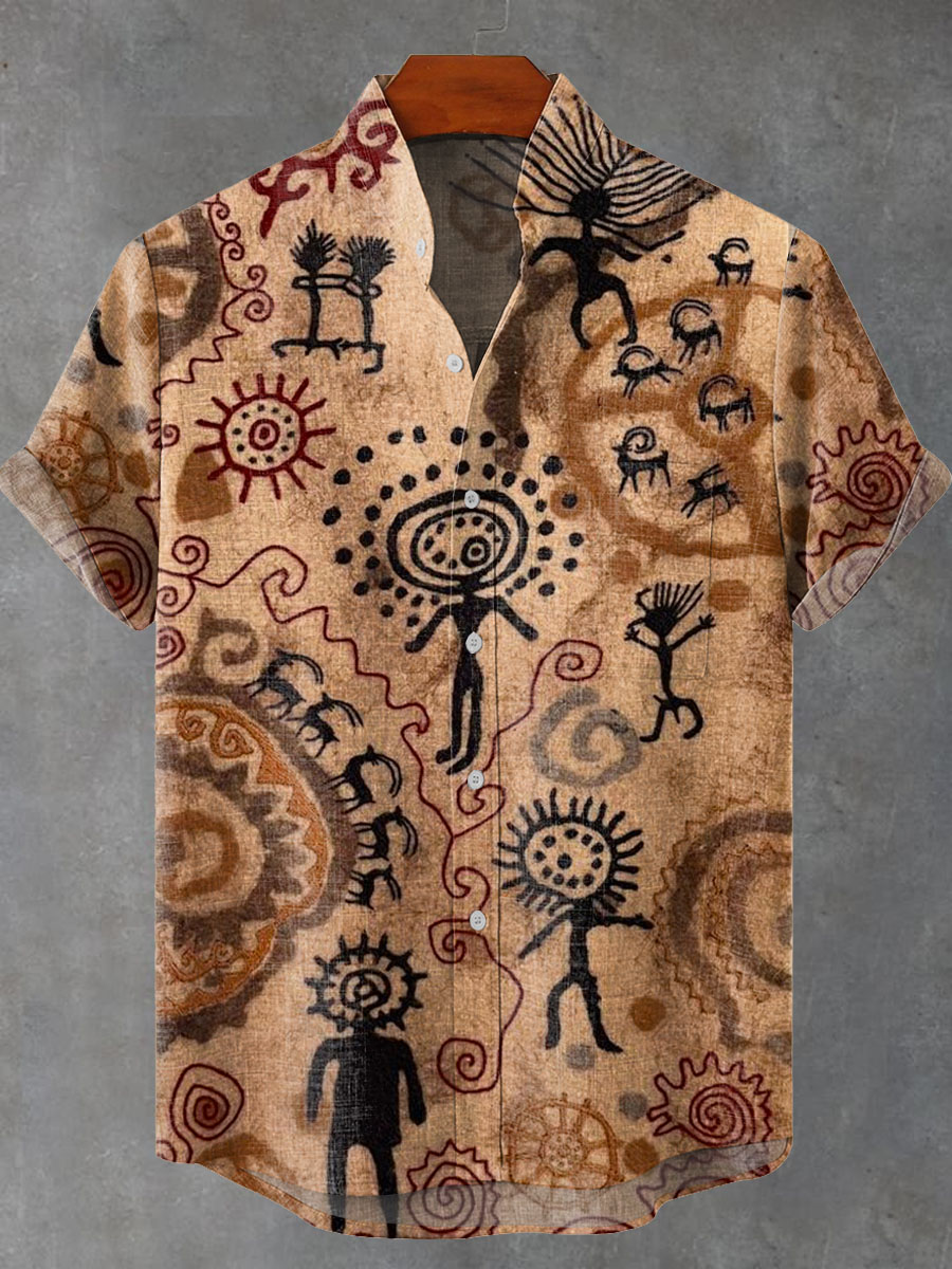 Men's Vintage African Tribe Pattern Art Print Casual 100% Cotton Shirt