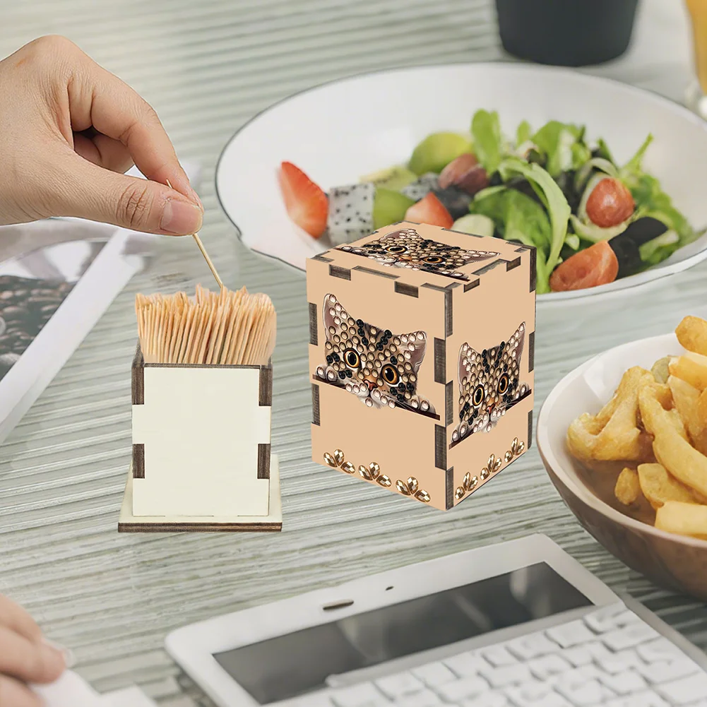 5D DIY Diamond Art Handmade Toothpick Holder Rhinestone Toothpick Box (Kitten)