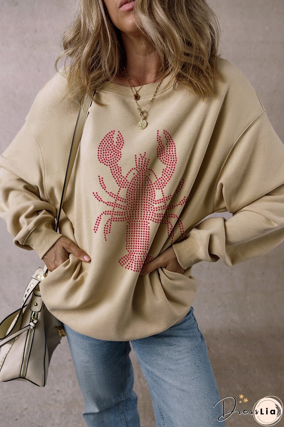 Parchment Rhinestone Crawfish Graphic Crewneck Oversized Sweatshirt