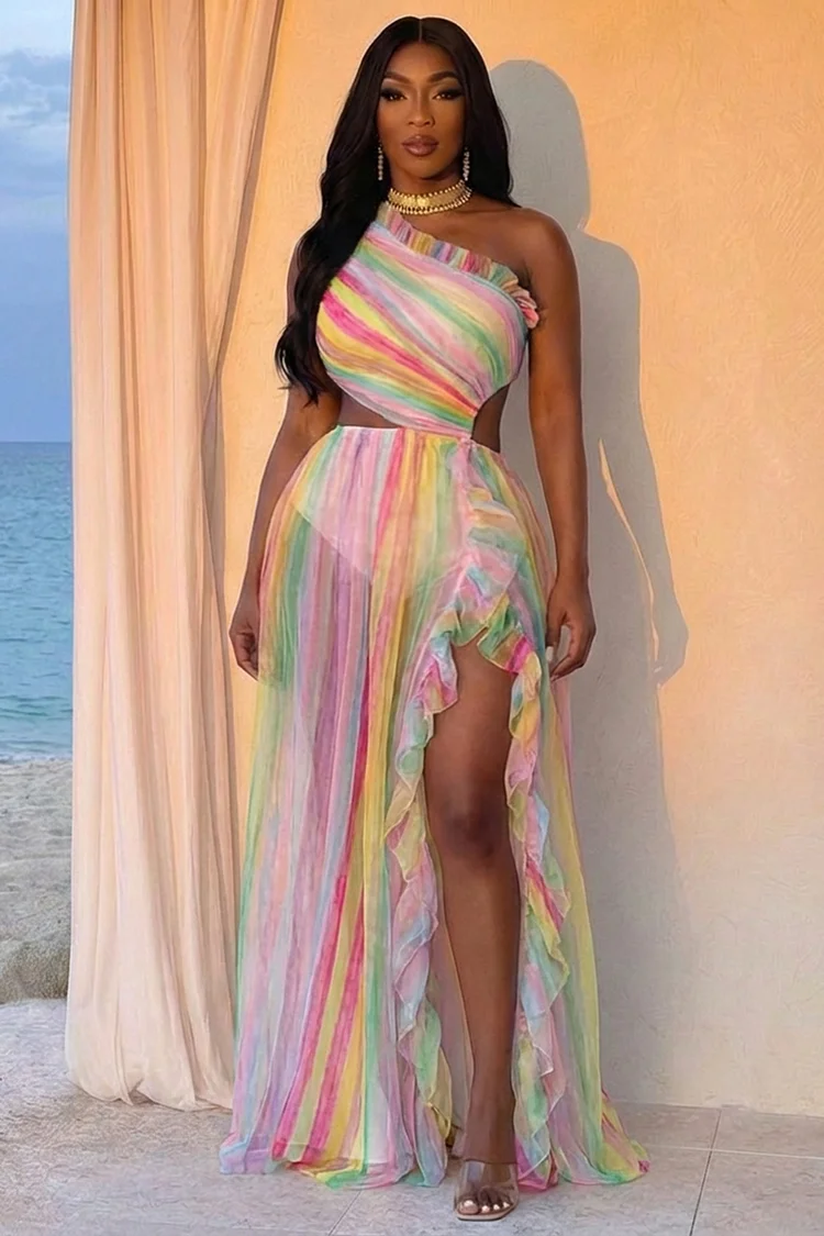 One Shoulder Cut Out Ruffle High Slit Maxi Dresses-Multicolor [Pre Order]