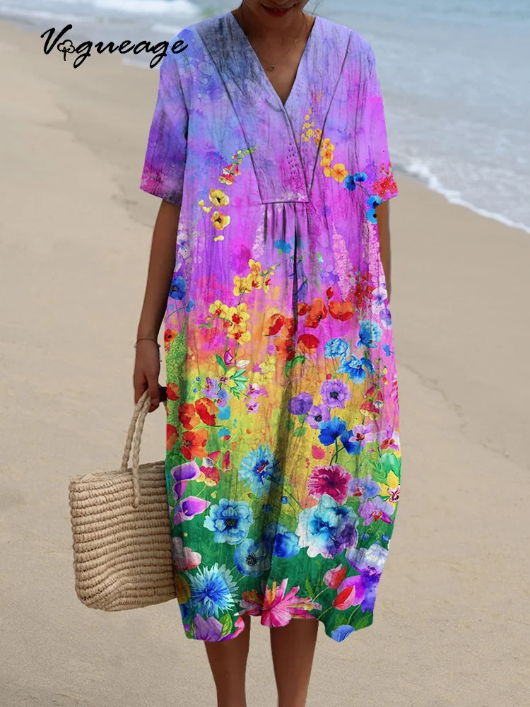 Bright And Elegant Flowers Printed Women's Casual Cotton And Linen Dress