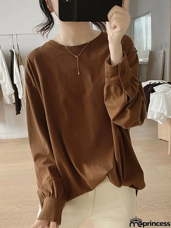 Long Sleeves Loose Solid Color Round-Neck T-Shirts Tops