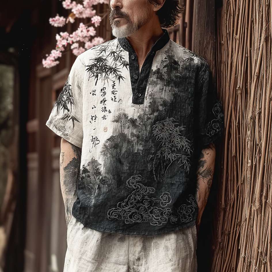 Comstylish Japanese Art Retro Ink Painting Design Pattern Men's Casual Linen Short-sleeve Shirt