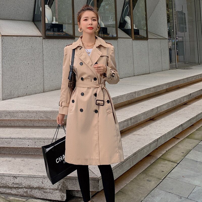 Brand New Style Khaki Slim Trench Coat Women Double-Breasted with Belt Lady Duster Coat Cloak Female Autumn Fall Outerwear Cloth