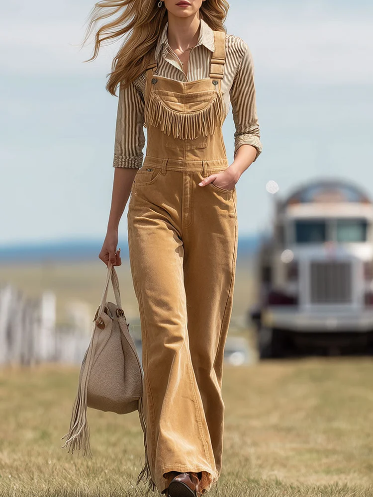 Western Vintage Camel Suede Tassel Wide-Leg Overalls