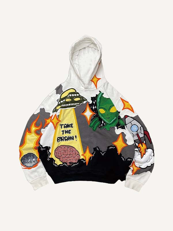 Colorblock Alien&Brain&UFO&Graphic Faux Decal Print Slant Pockets Hoodie