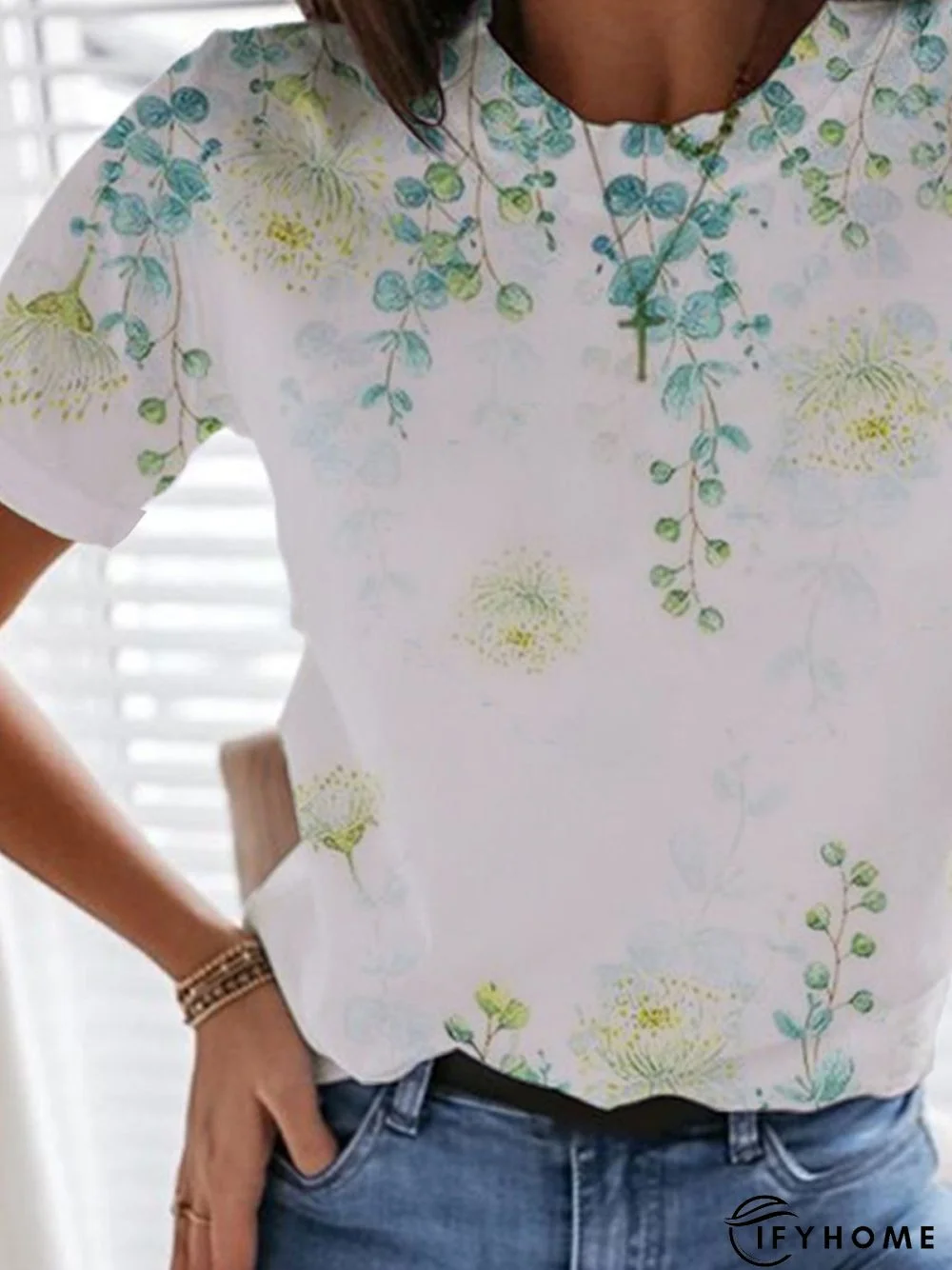 Floral Short Sleeve Printed Cotton-blend Crew Neck Casual Summer White Top | IFYHOME