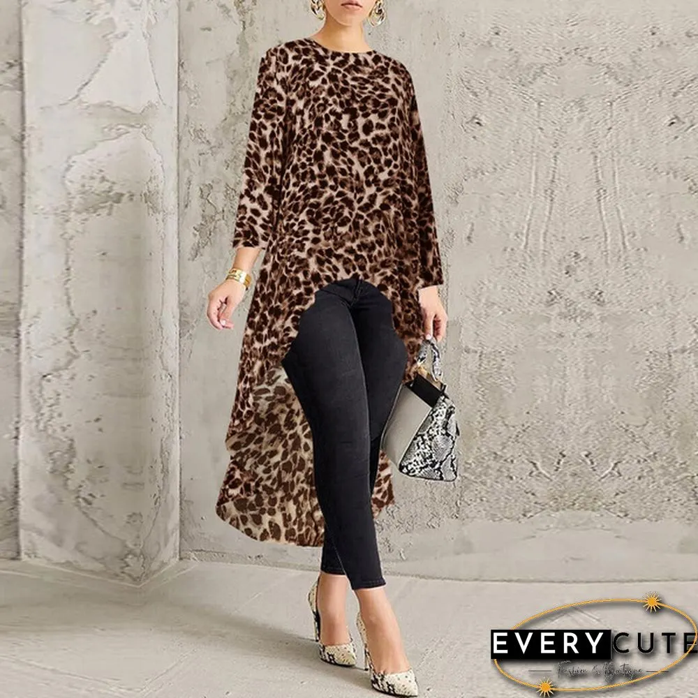 Fashion Women Leopard High Low Tops Crew Neck Long Sleeve Spring Baggy Blouses Chemisier