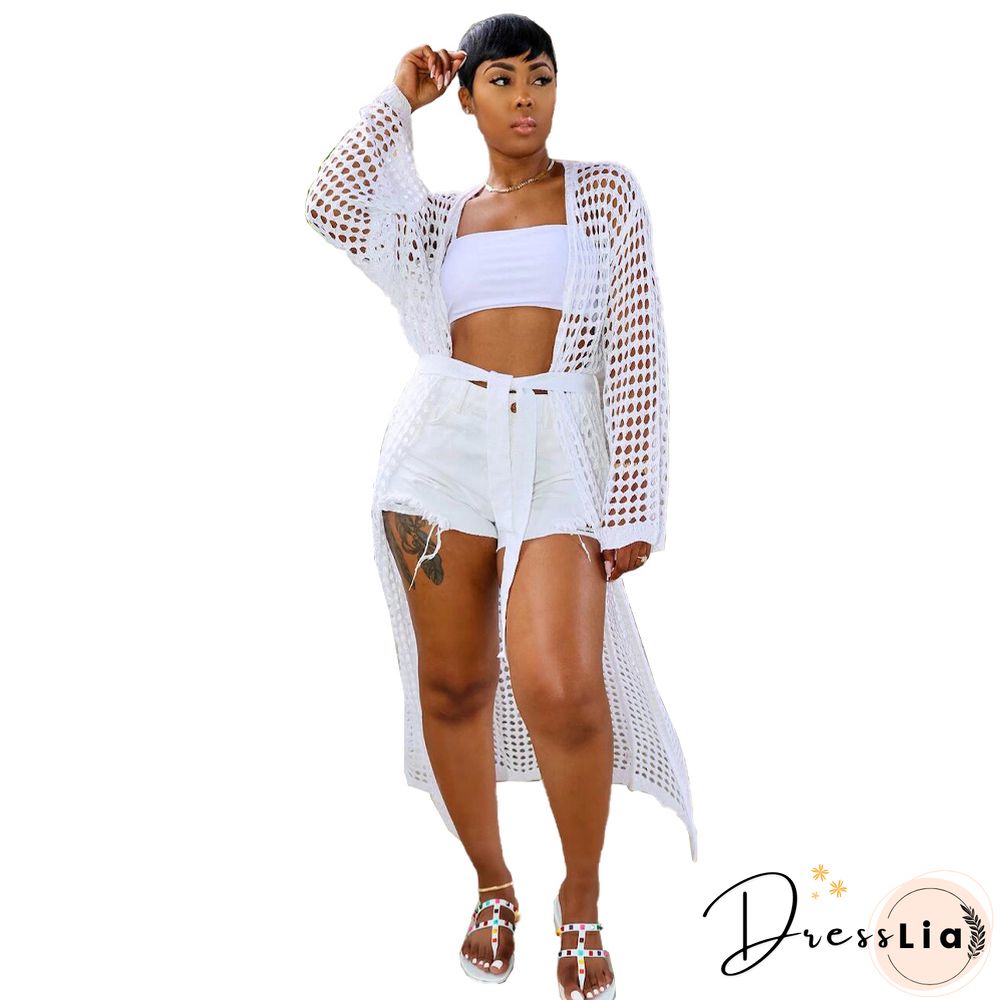 Beachwear Long Sleeve Mesh Grid Cardigan Cover-ups