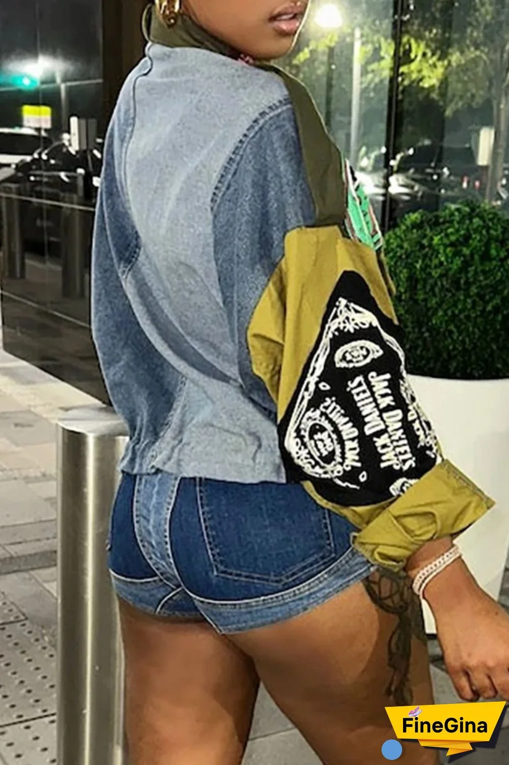 Army Green Casual Print Patchwork Cardigan Mandarin Collar Outerwear