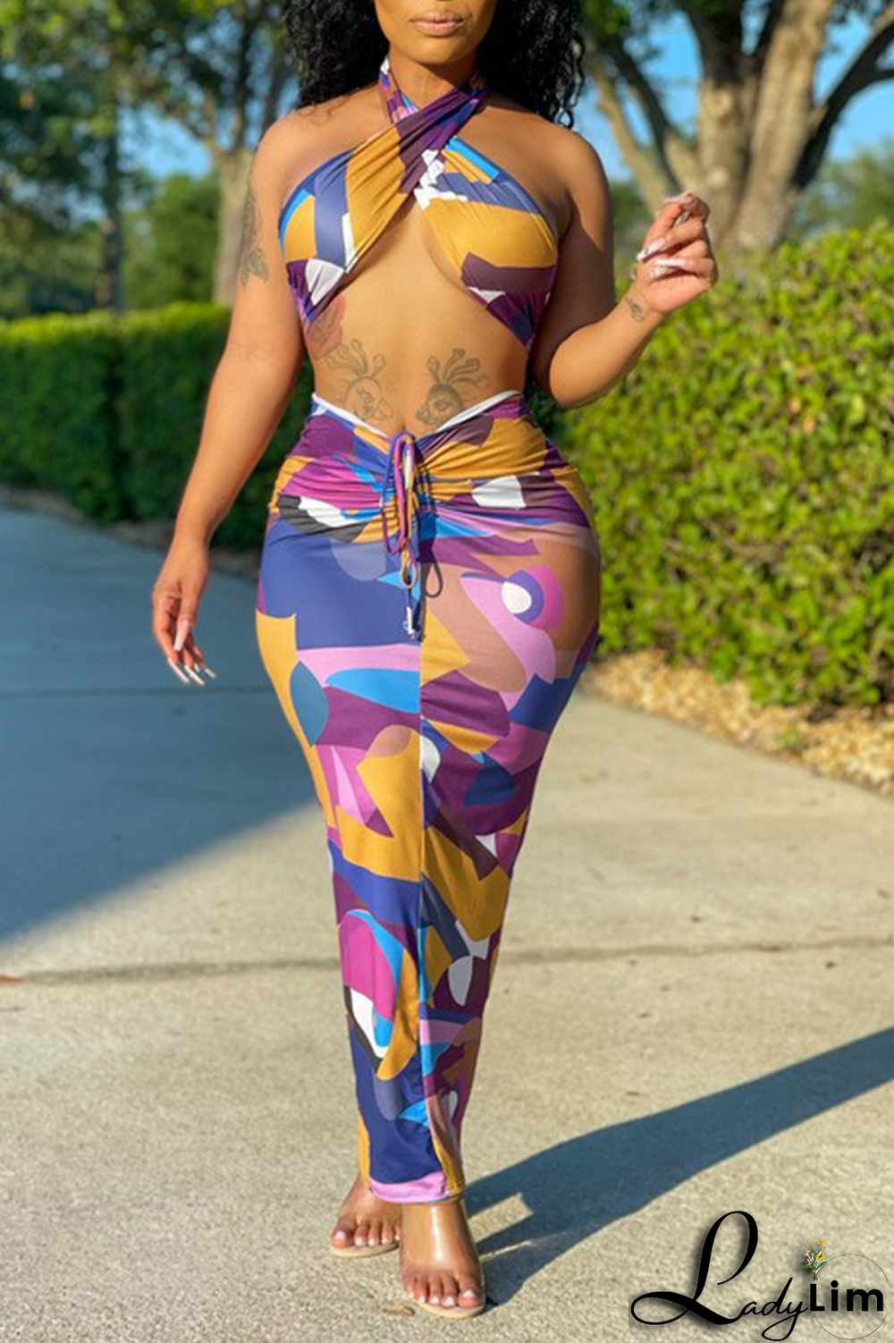 Blue Sexy Print Split Joint Halter Sleeveless Two Pieces