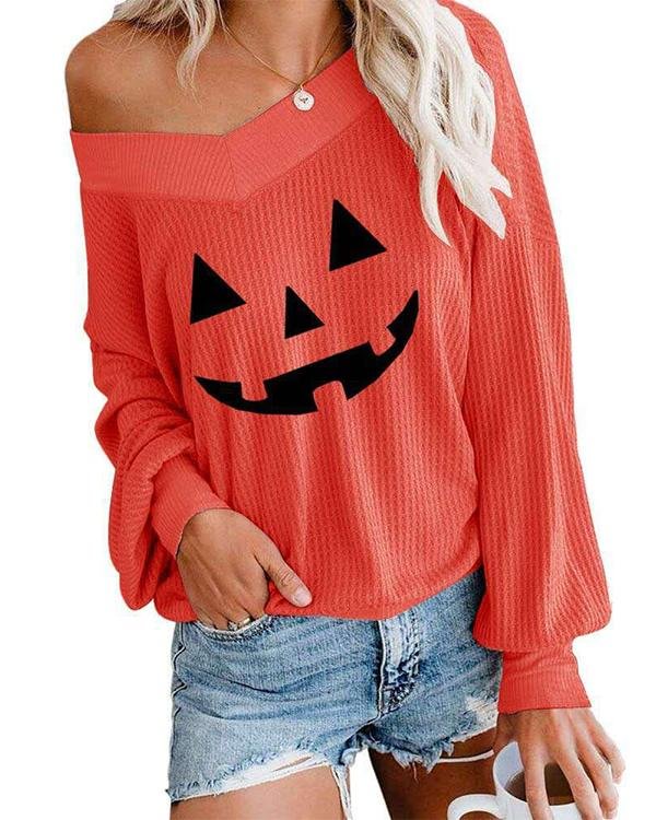 Womens V Neck Waffle Knit Halloween Tops Oversize Off Shoulder Pullover Sweatshirt