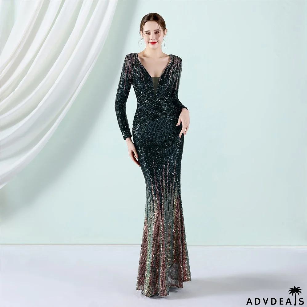 Sexy long sequins Long Sleeve Plus Size Beauty Formal Party Evening Dress