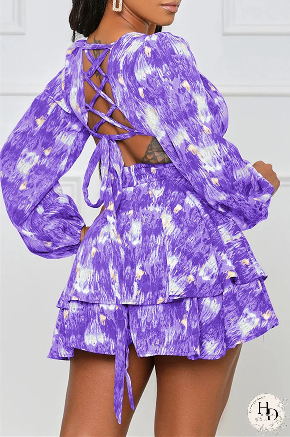Purplish Blue Fashion Casual Print Hollowed Out V Neck Long Sleeve Dresses
