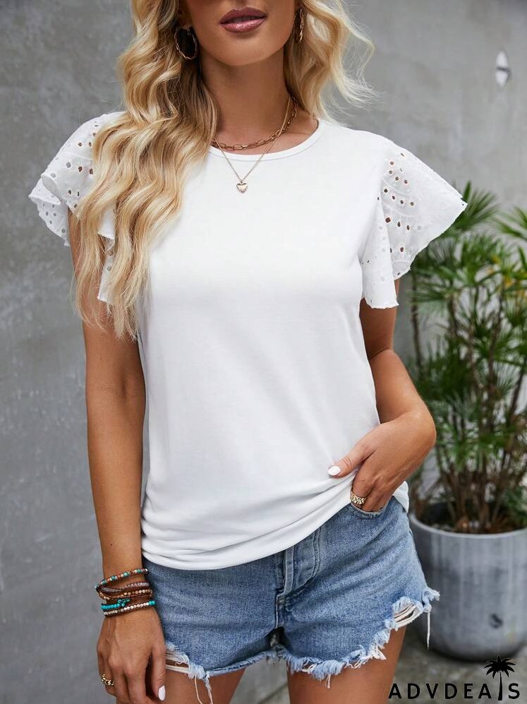 Eyelet Embroidery Butterfly Sleeve Tee