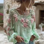 Women's Pink Rose Embroidery Art Round Neck Long Sleeve Linen Blend T-shirt - Image 5