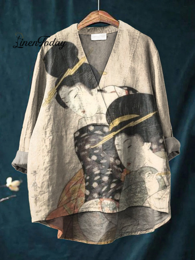 Decorative Pattern Of Japanese Ukiyo-E Two Women Wearing Elegant Kimonos Casual Cotton And Linen