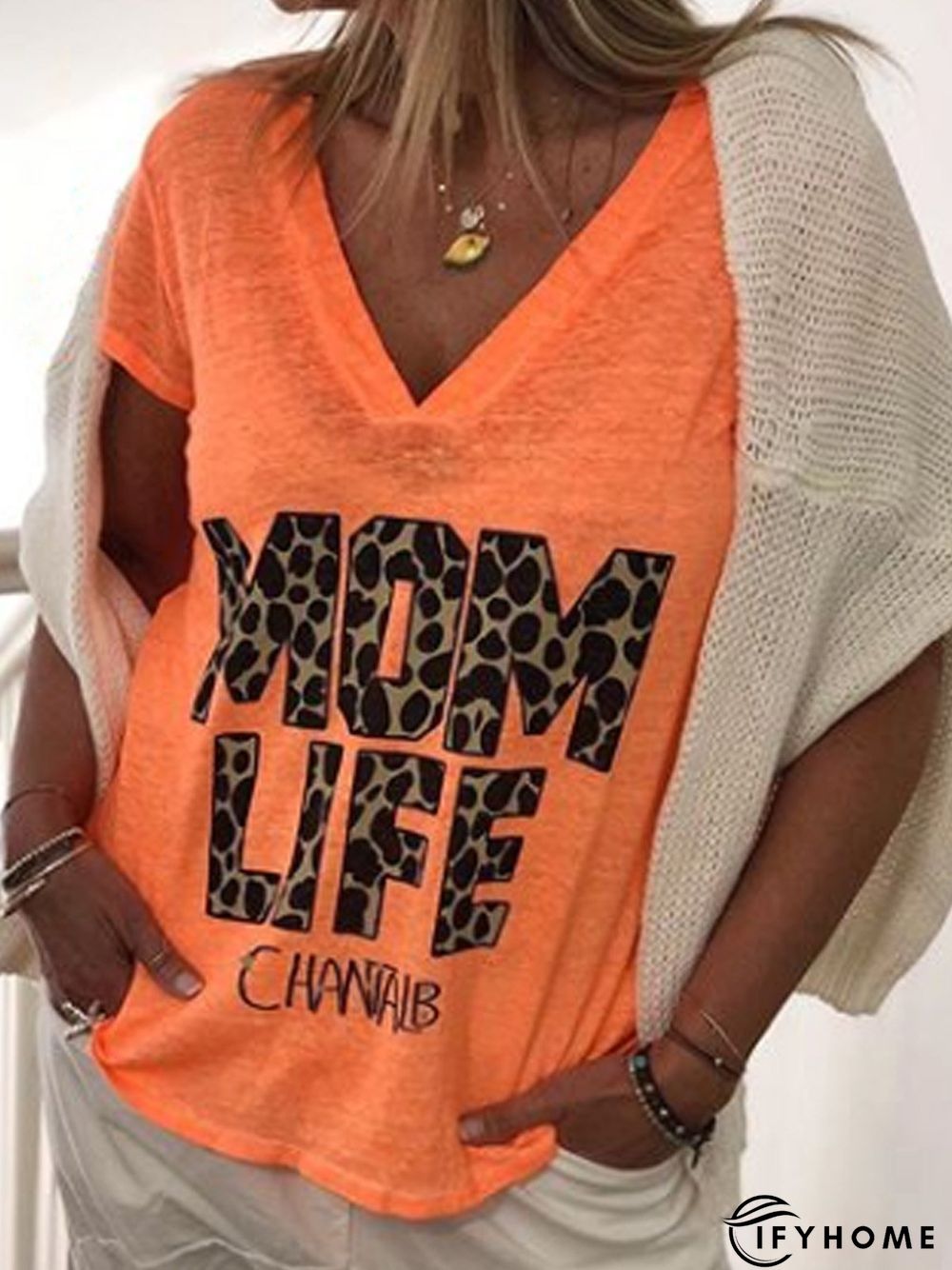 Orange Short Sleeve Letter Printed V Neck T-shirt | IFYHOME