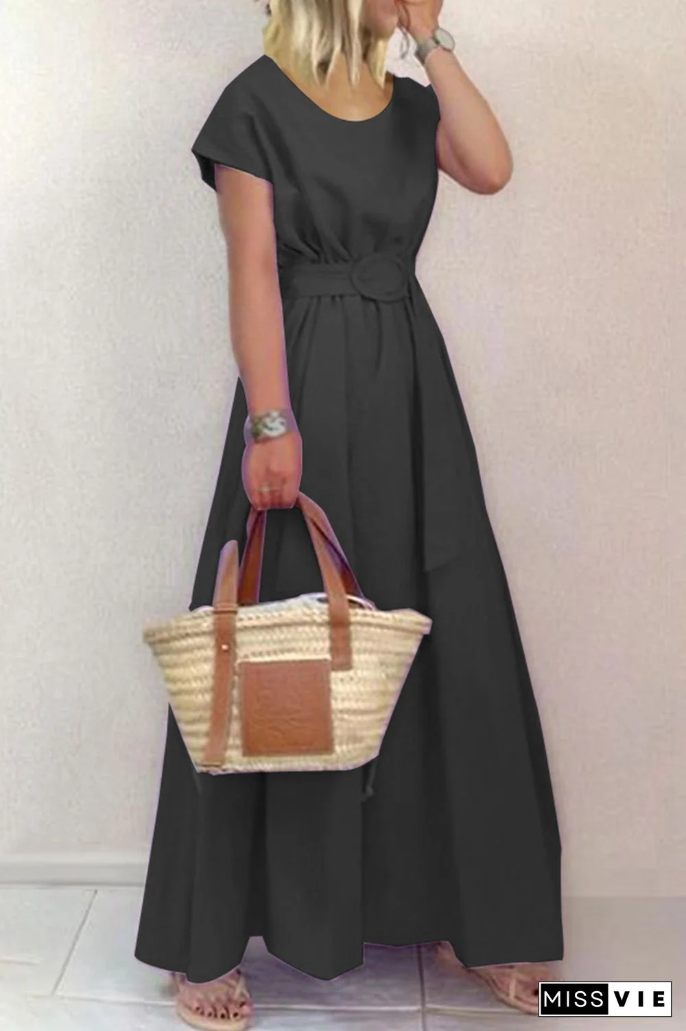 Fashion Solid Patchwork O Neck Waist Skirt Dresses(6 Colors)