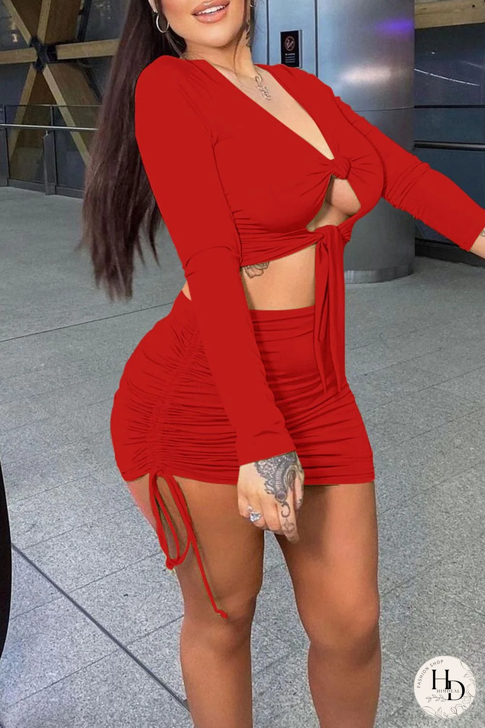 Black Sexy Solid Hollowed Out Split Joint Draw String Fold Knotted V Neck Long Sleeve Two Pieces