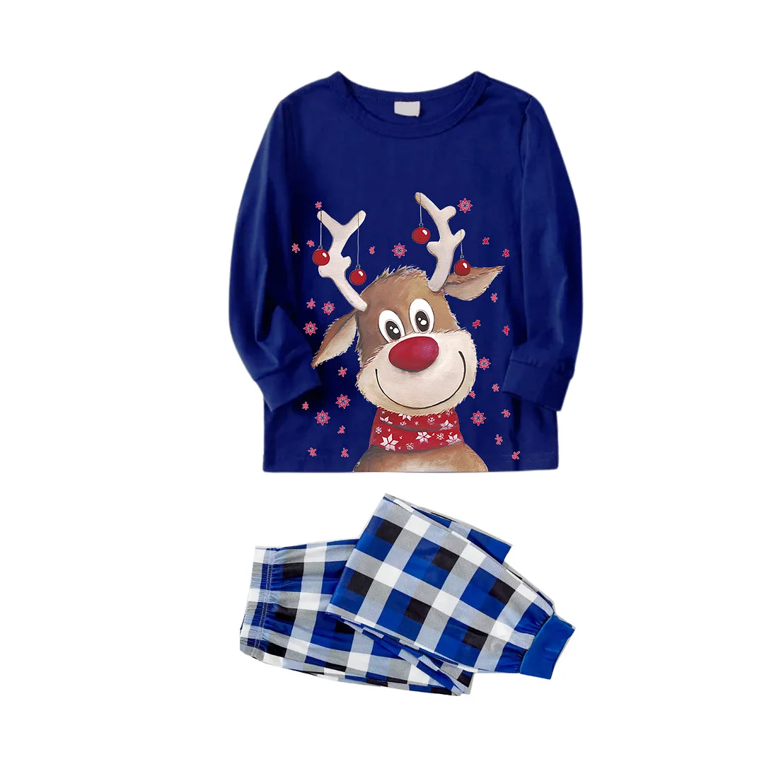 Brown Cute Christmas Elk Pattern 2024 Blue Long Sleeves with Blue&White&Black Plaid Pants Family Matching Pajamas