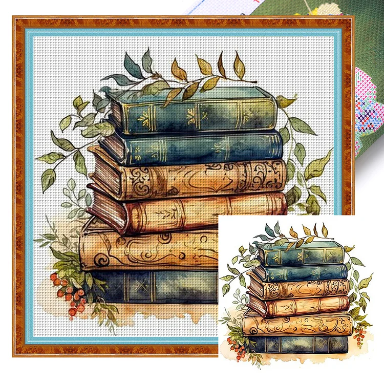 Flowers And Books Pile (40*40cm) 11CT Stamped Cross Stitch gbfke