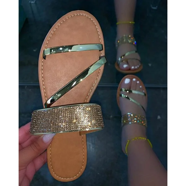 Qengg Fashion Sexy Summer New Style Roman Rhinestone Flat Outdoor Large Size Slippers Solid Color Women Flat Beach Slippers