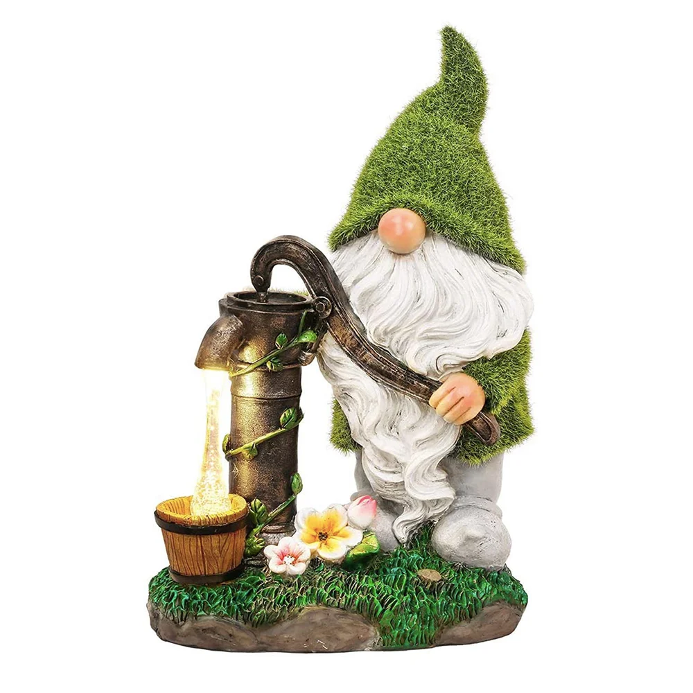 Solar Light Flocked Garden Press Water Gnome