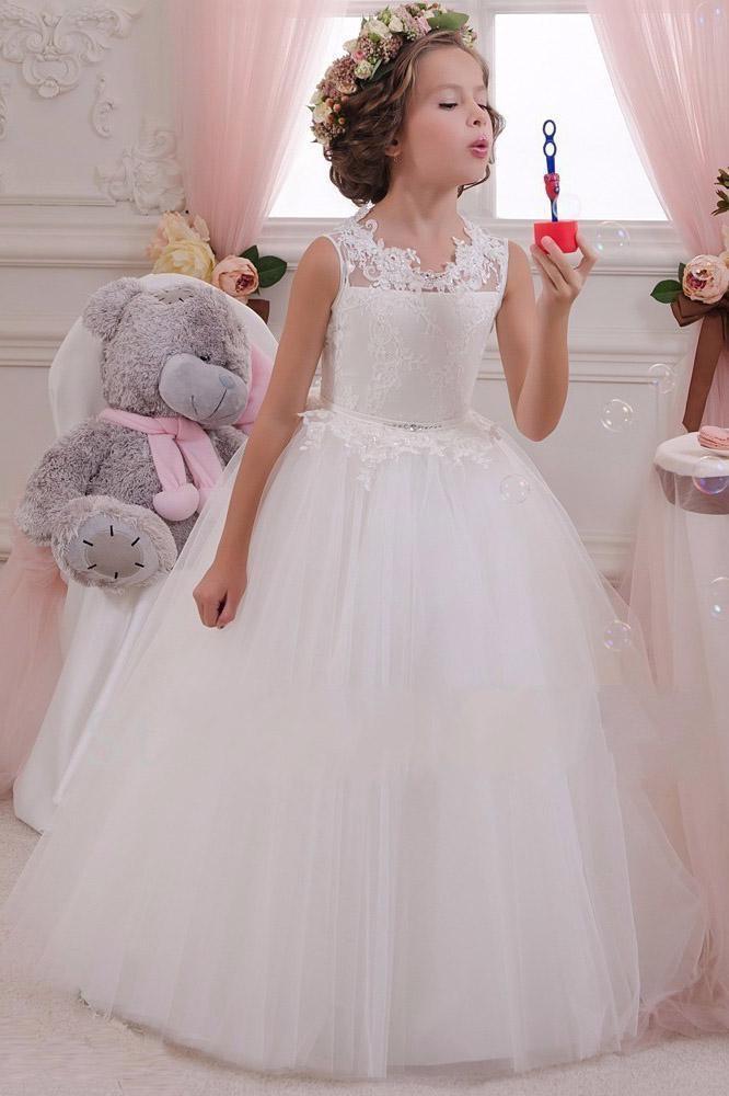 Oknass White Scoop Neck Sleeveless Ball Gown Flower Girl Dress Lace with Lace