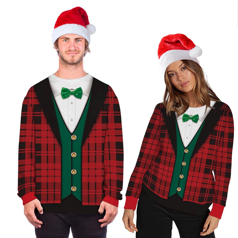 Red Plaid Ugly Christmas Sweatshirt Crew Neck Pullovers-VESSFUL