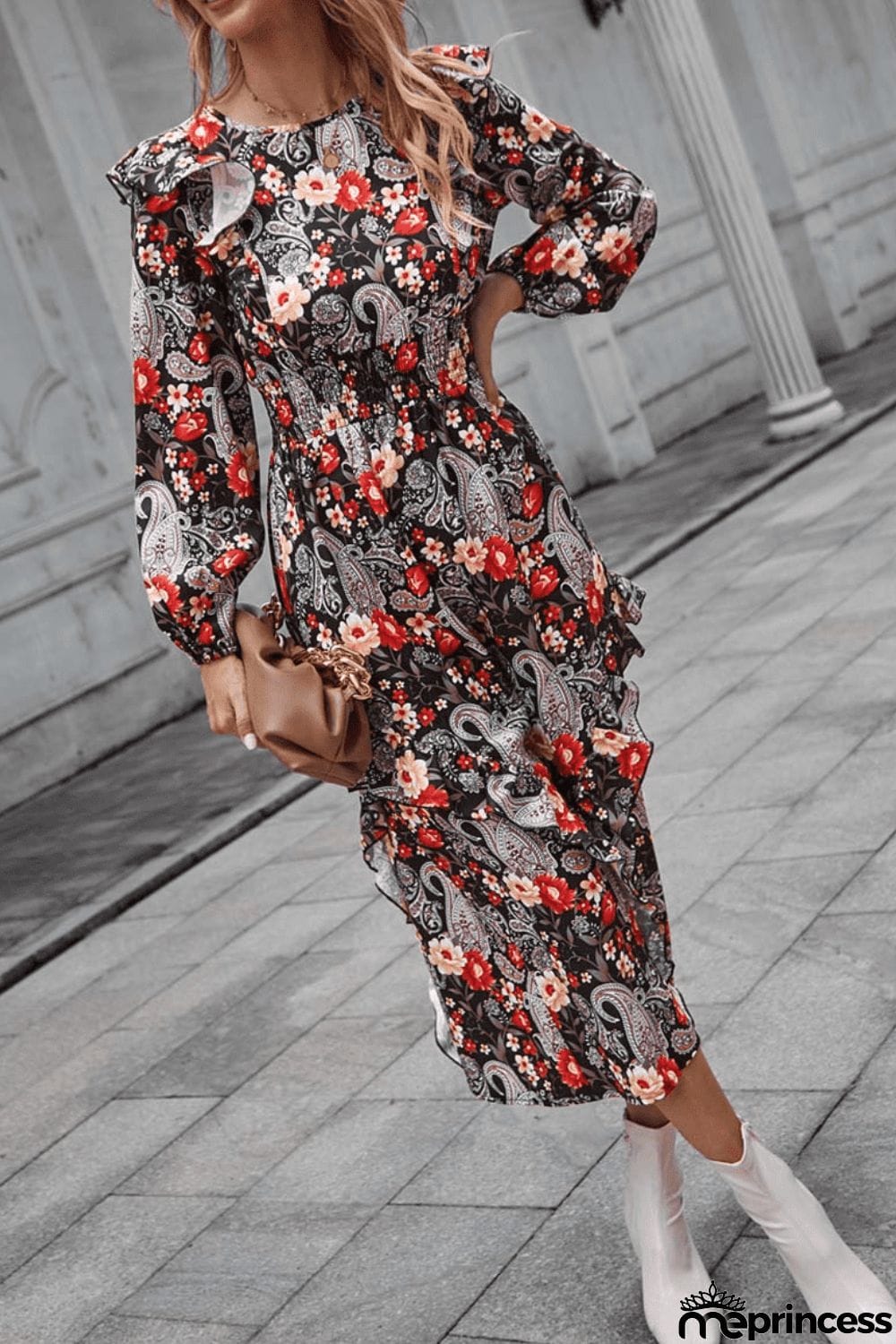Floral Round Neck Long Sleeve Midi Dress
