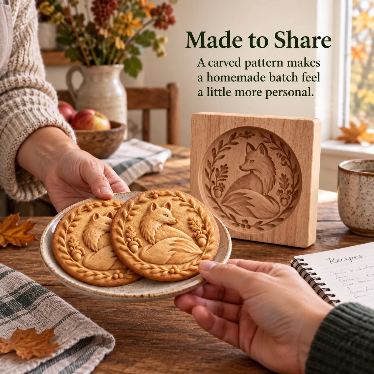 Sharing a plate of embossed fox cookies in a cozy kitchen