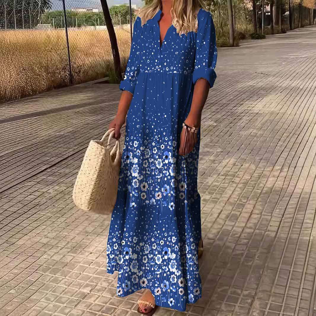 Women Floral, Blue, White DZDN1141 SPU Printed Long Sleeve V-neck Maxi Dress