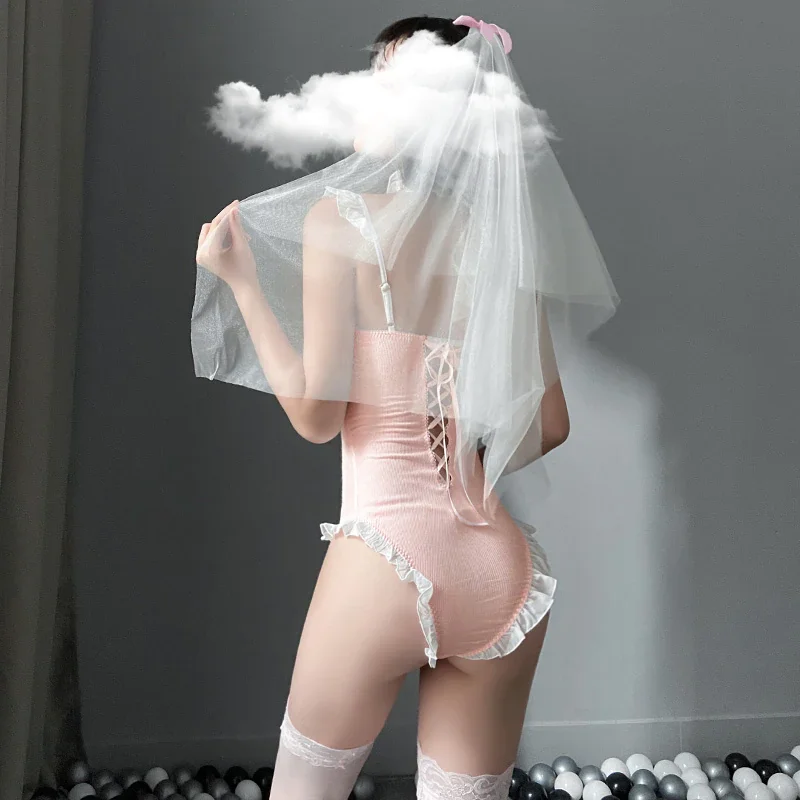 Billionm Sexy Bride Cosplay Costumes 3pcs Veil Collar Bodysuit Pink Kawaii Outfit For Female Lace Porno Maid Lingerie Set 2021 New 0676