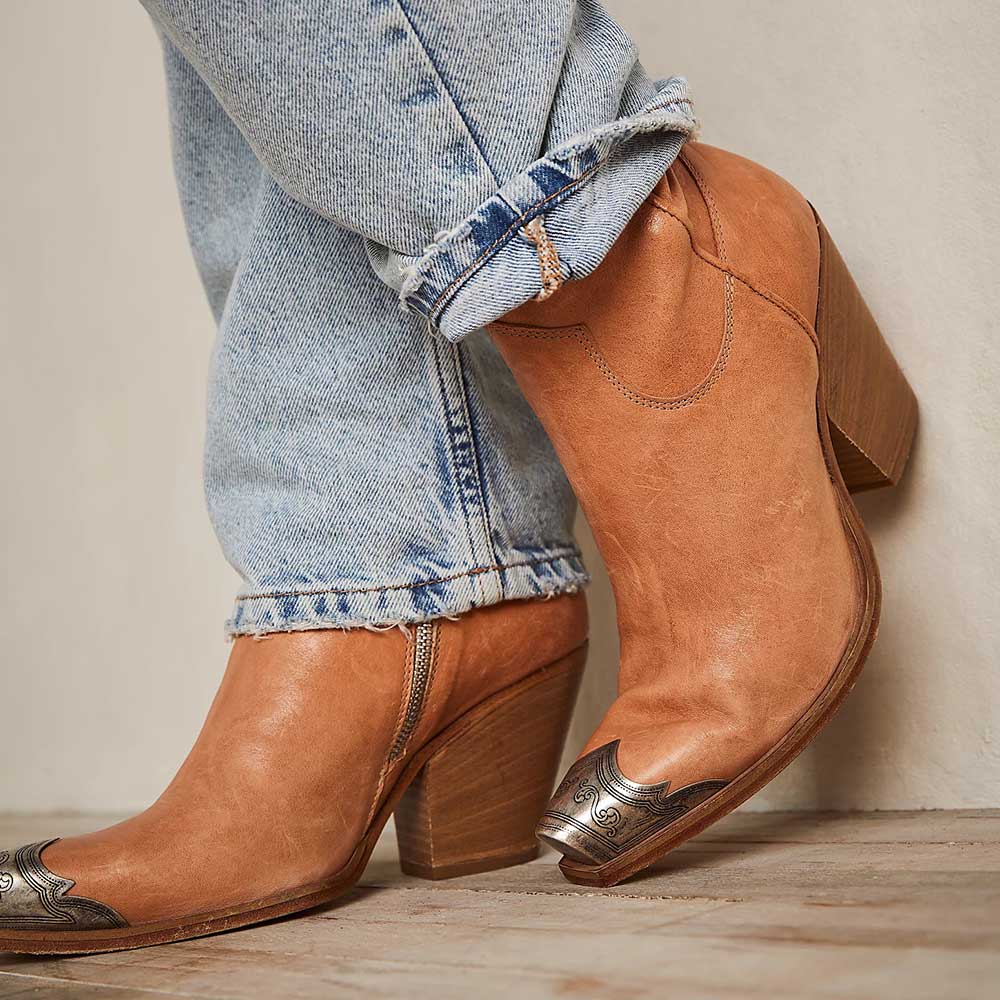 Brown Etched Metal Toe Stacked Heel Side Zipper Western Ankle Boots Nicepairs