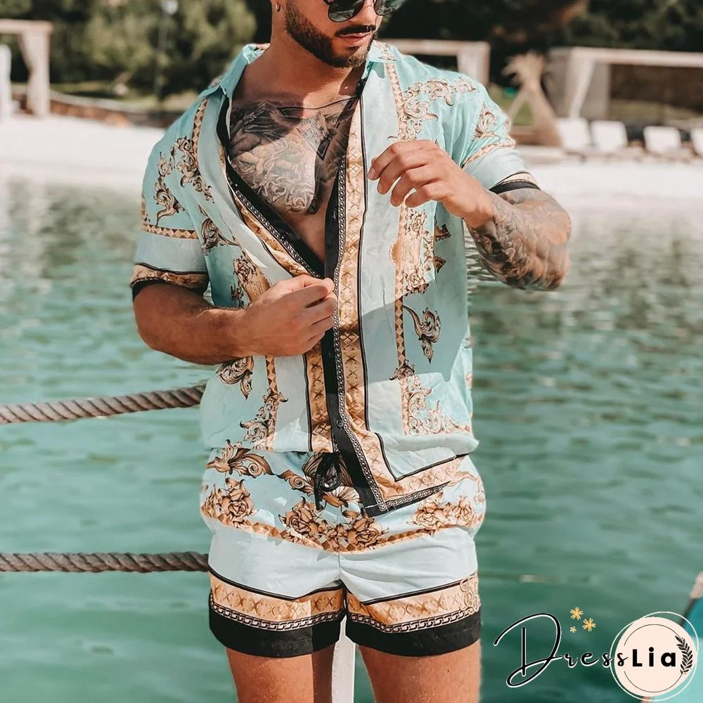 Men's Casual Printed Short Sleeve Shorts Suit