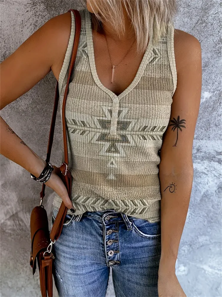 Western Button Front Ethnic Print Tank Top