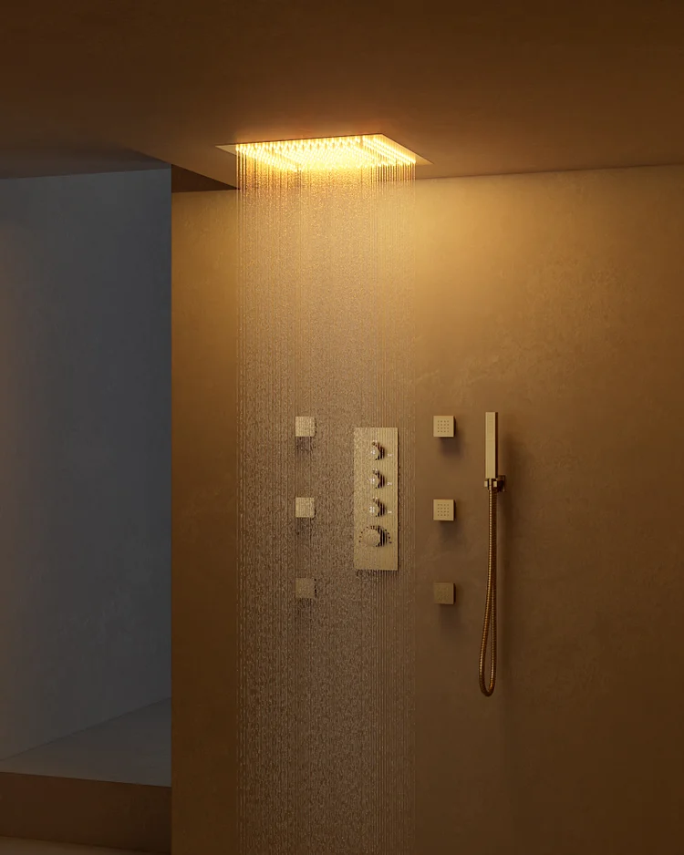 SFS-1028-GD20 20" LED Rainfall Shower System with Handheld and Body Jets - Thermostatic Full-Body Shower
